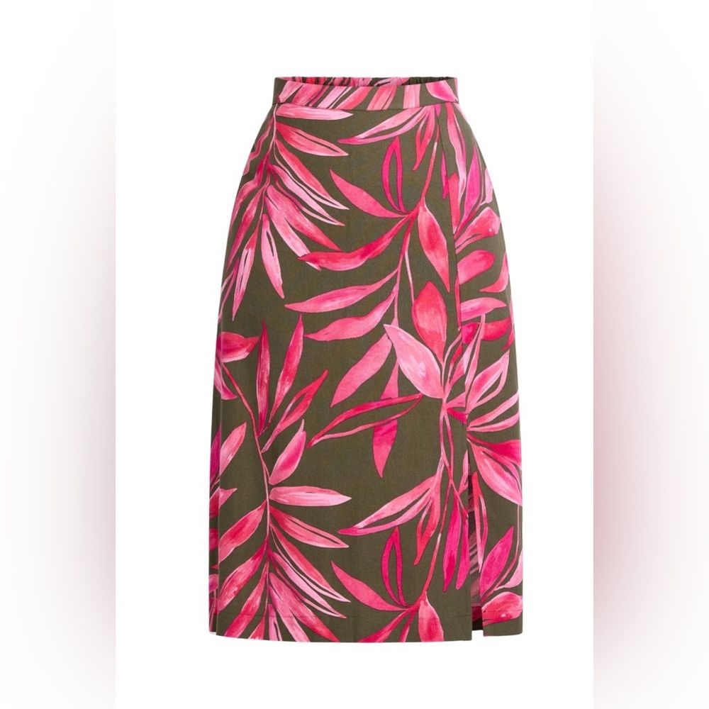 Time and Tru Pink and Green Leaf Midi Skirt